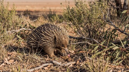 Australian Short-beaked Echidna Foraging in Wild Bush Habitat with Spines

