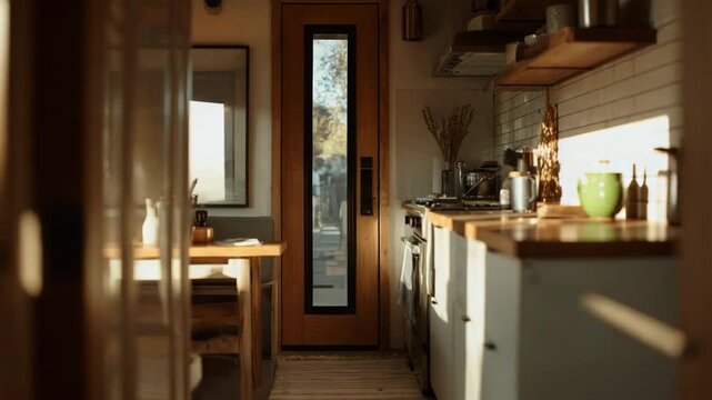 Modern kitchen interior with wooden elements and natural light  