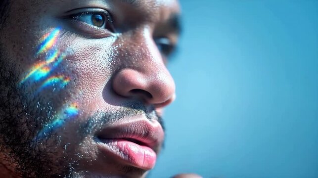 Closeup of man with light reflection on face