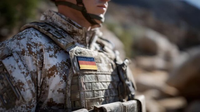 Tight close-up of unrecognizable German soldier, camouflage uniform and German flag patch in crisp detail, soft shadows across tactical vest, cinematic focus on gear and insignia