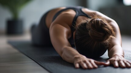 Fototapeta premium Yoga practice in a room with soft lighting during a morning session focused on relaxation and stretching