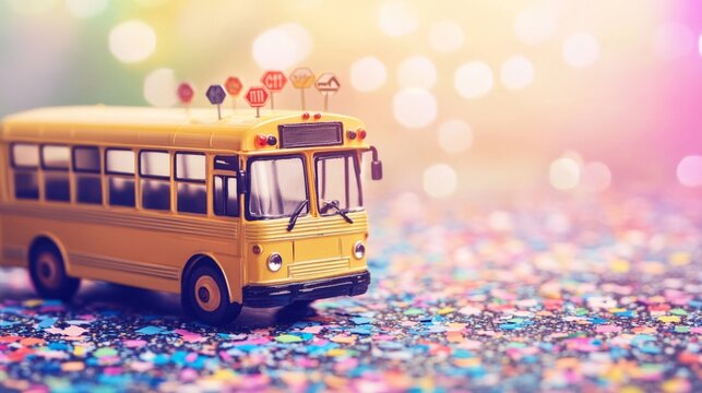 A yellow toy bus with a stop sign on top of it. The bus is on a colorful background