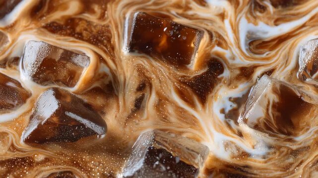 Top view of a refreshing iced coffee, ice cubes and coffee swirls forming intricate patterns, condensation droplets on glass, macro full-frame close-up highlighting texture and ref