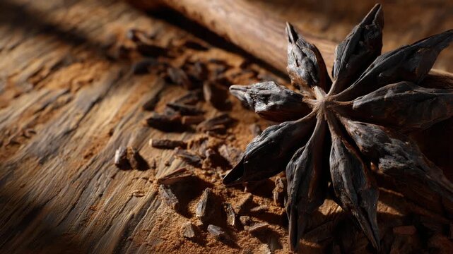 Top-down close-up of mace on vintage wooden table, pieces forming organic shapes, dramatic light highlighting textures and shadows, rustic spice presentation for culinary stock ima
