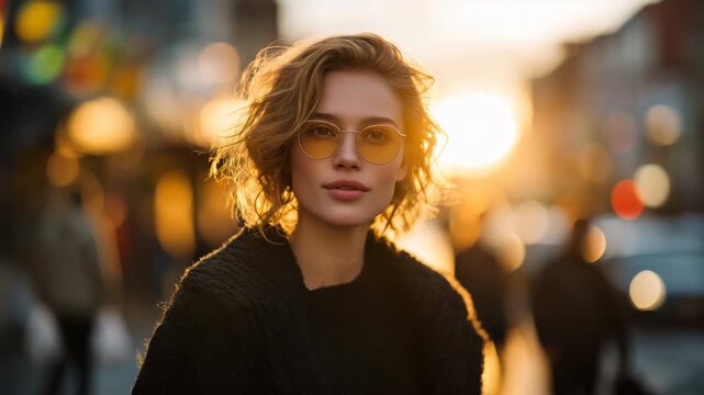 Urban fashion portrait of a woman standing on a sunlit street, warm golden light on her face, background softly blurred, city life implied with faint silhouettes of pedestrians and