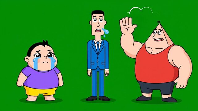 Cartoon animation of sad crying child,stressed businessman,and muscular man with green screen background