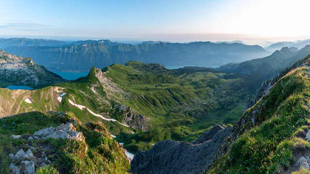 Lake Brienz and its valley in the Bernese alps seen from Mount Faulhorn