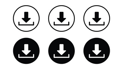 Download icons displayed in six circular designs arranged in two rows for app, website, and UI interface graphics