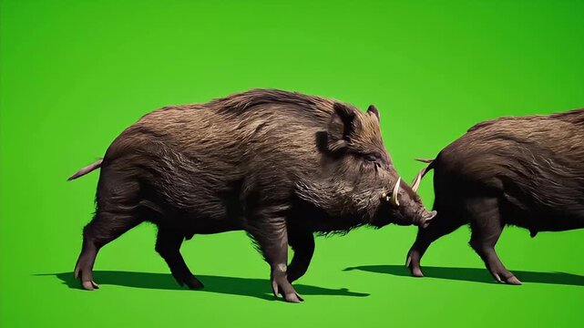 Two Wild Boars Walk on Green Screen Chroma Key Stock Footage