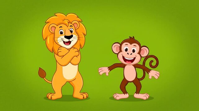 Cartoon lion and monkey friendship on green background cheerful animated animals for kids content