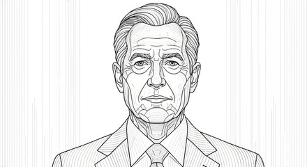Detailed black and white sketch of a mature businessman wearing a suit and tie.