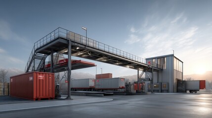 Obraz premium Modern freight terminal with loading ramp, shipping containers, and warehouses in an industrial area under a clear sky at dawn
