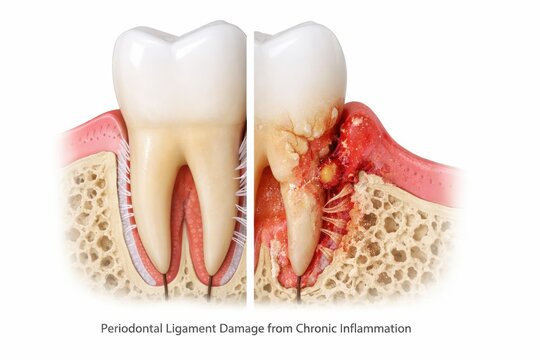 Illustration Shows Periodontal Ligament Damage Due to Chronic Inflammation Affecting the Tooth and Surrounding Structures