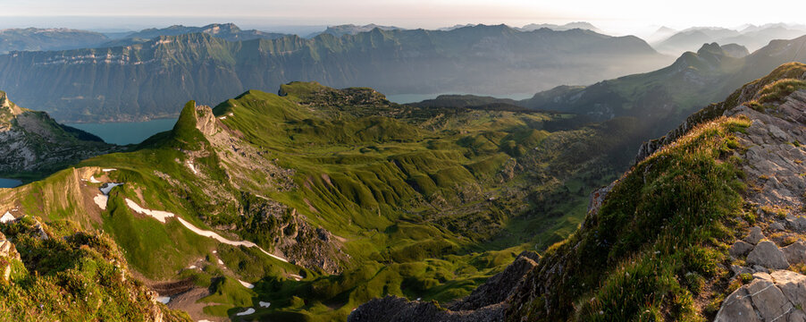 Alpine pasture between lake Brienz and Mount Faulhorn in the early morning