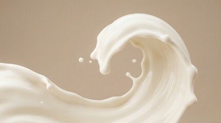 Dynamic white milk or cream splash forming a wave with droplets on a beige background