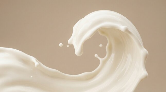 Dynamic white milk or cream splash forming a wave with droplets on a beige background