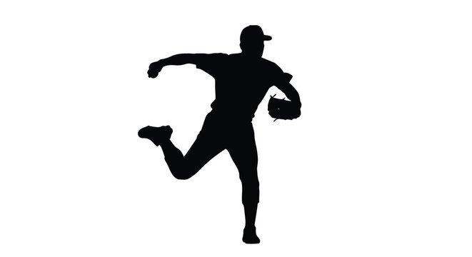Black silhouette of baseball player pitching against white background