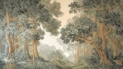 Wall painting with classic forest image in the interior for home decor and wall art. Calm composition for relaxation and rest