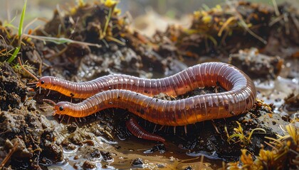 Close-up showcases a group of brown, elongated invertebrates with numerous legs crawling through damp, earthy terrain