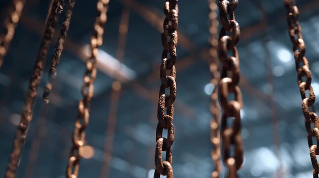 Intricate copper chains swaying elegantly in soft focus with dynamic blue background