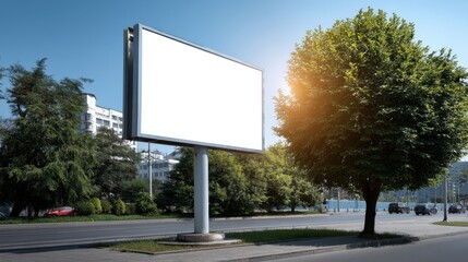Fototapeta premium Empty Billboard on Urban Street Surrounded by Trees under Bright Sunlight on a Clear Day Ideal for Advertisement and Marketing Use