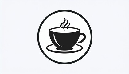 Steaming Coffee Cup Icon in Circle, Black and White Design