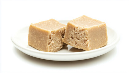 Sunflower halva in a plate. Side view. Broken halvah pieces. Food isolated on white background