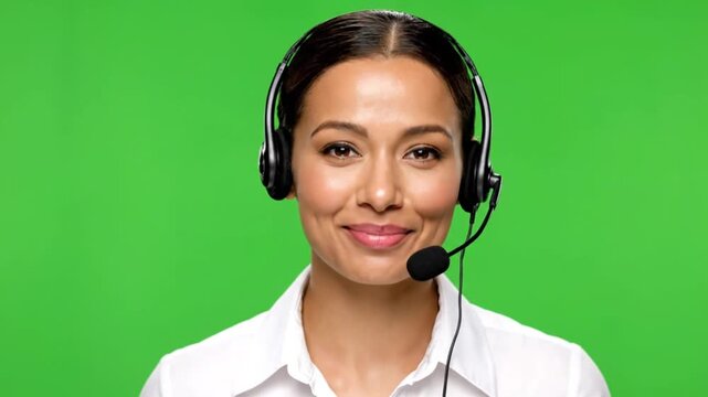 Smiling customer service representative wearing headset on green background