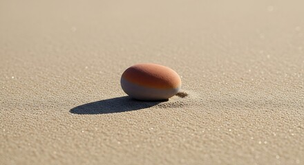 Obraz premium A single round reddish brown fruit rests upon a sandy beach bathed in sunlight