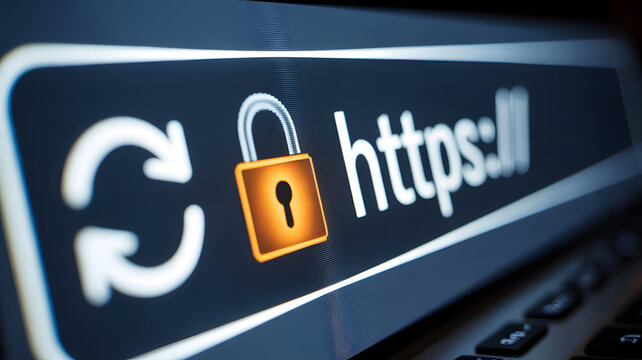 Secure web browsing concept with https protocol and padlock icon on a computer screen