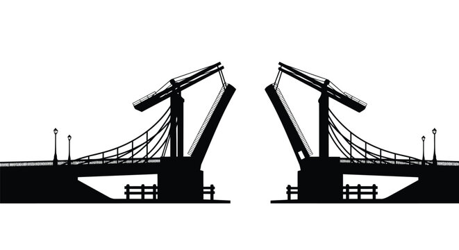Two black silhouettes of bascule bridges opening against a white background