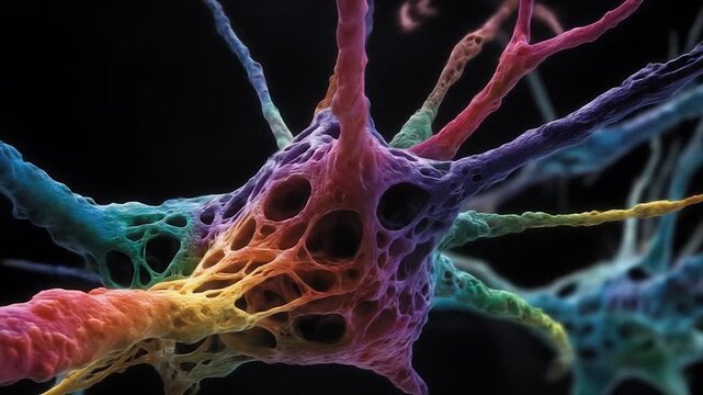 Abstract colorful neurons illustration cellular structures on black background