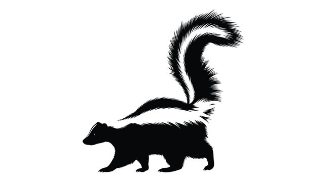 Black skunk silhouette with white stripe, walking, isolated on white background, minimalist profile
