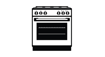 Black and white flat stove oven icon with four burners and a large oven window
