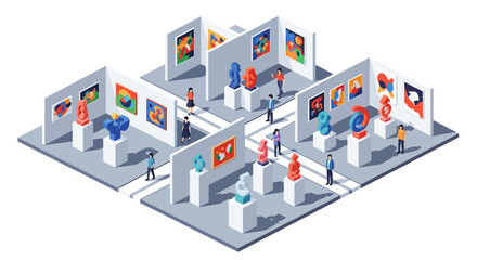 Obraz premium Isometric illustration of an exhibition hall with various display booths featuring diverse graphics and people interacting with the exhibits