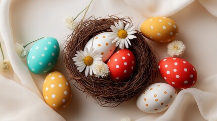 Obraz premium Colorful Easter eggs in rustic nest with daisies. Easter wallpaper. Polka dotted Easter eggs lying in a natural nest, surrounded by white daisy flowers on fabric