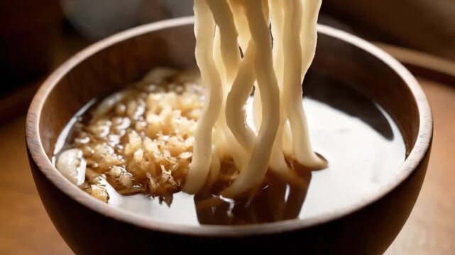 Close-up of chopsticks picking up steaming udon noodles from a bowl of hot broth with tempura flakes, a comforting Japanese meal.