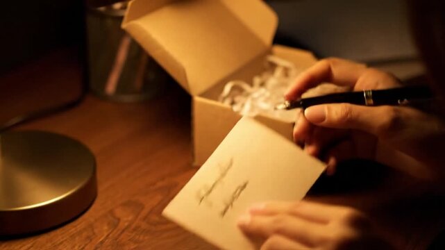 Woman's hands writing heartfelt note on elegant stationery with fountain pen
