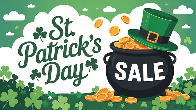 St patrick's day sale banner with clovers and hat isolated on transparent background