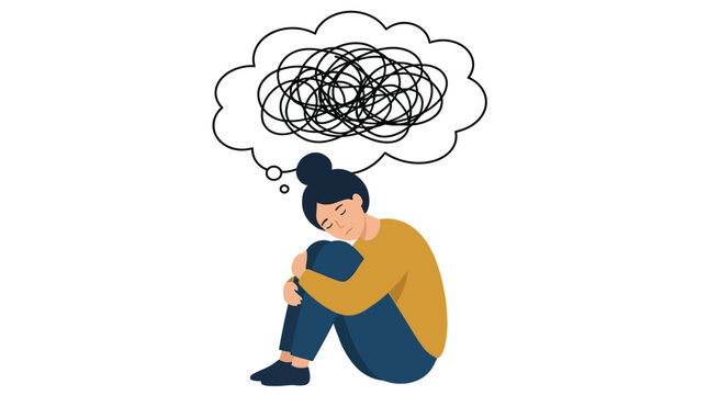A cartoon woman sits on the floor with her arms wrapped around her knees, looking worried and stressed with a tangled thought bubble above her head, symbolizing anxiety and mental health.