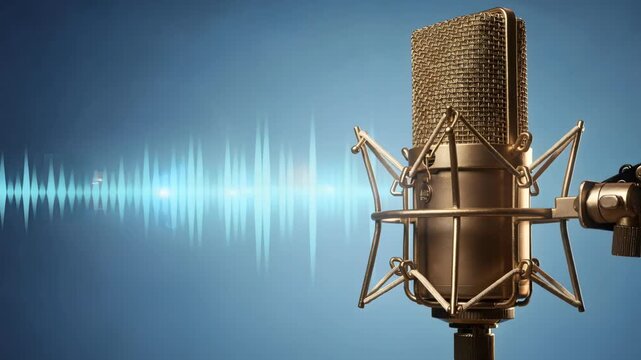 A studio microphone on a blue backdrop overlaid with soundwave graphics creates a dynamic and engaging visual. Ideal for podcasts, radio broadcasts, voiceovers, or audio projects. Use it for your next