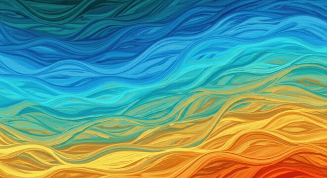 Abstract wave patterns blending vibrant hues of blue, green, and orange seamlessly together