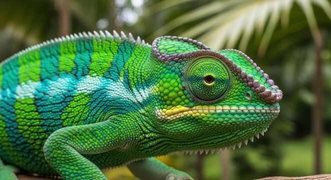 Vibrant green chameleon perched on branch in tropical setting