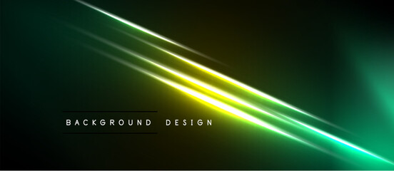 Naklejka premium Abstract background features vibrant green, yellow light streaks. Dark space dominates composition, creating dynamic visual effect.