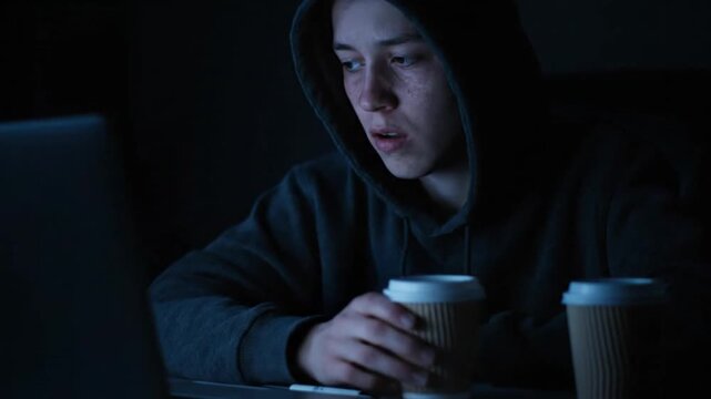 Late night hacker working intently on laptop in dark room