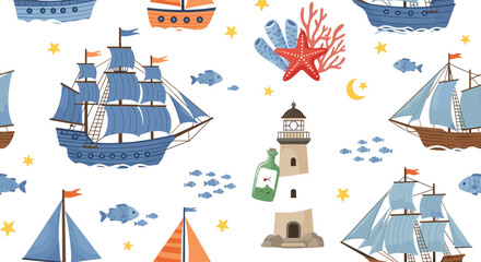 Cute nautical vector set with sailing ships lighthouse and sea elements, cartoon ocean adventure illustrations for kids designs, nursery art, prints, and stickers © Jahangir