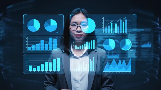 Businesswoman interacting with futuristic digital interface in dark room