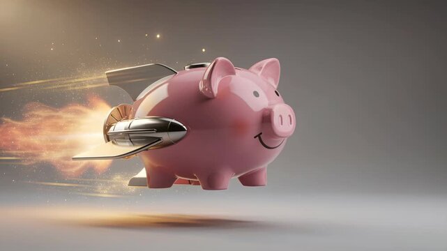 A whimsical image showcasing a pink piggy bank equipped with rocket boosters, symbolizing financial growth and acceleration. It evokes excitement, innovation, and potential for success in savings