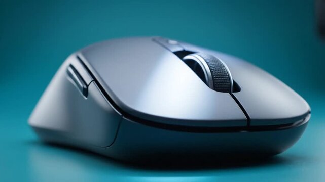 Close-up of a modern wireless computer mouse on a teal background, showcasing its sleek design and functionality for office and gaming use.