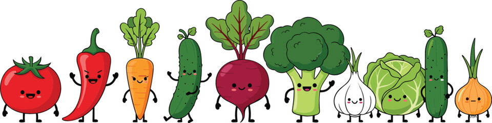 Cute cartoon vegetables vector set with smiling healthy food characters, playful kawaii plant illustrations for kids designs, education projects, stickers, and prints